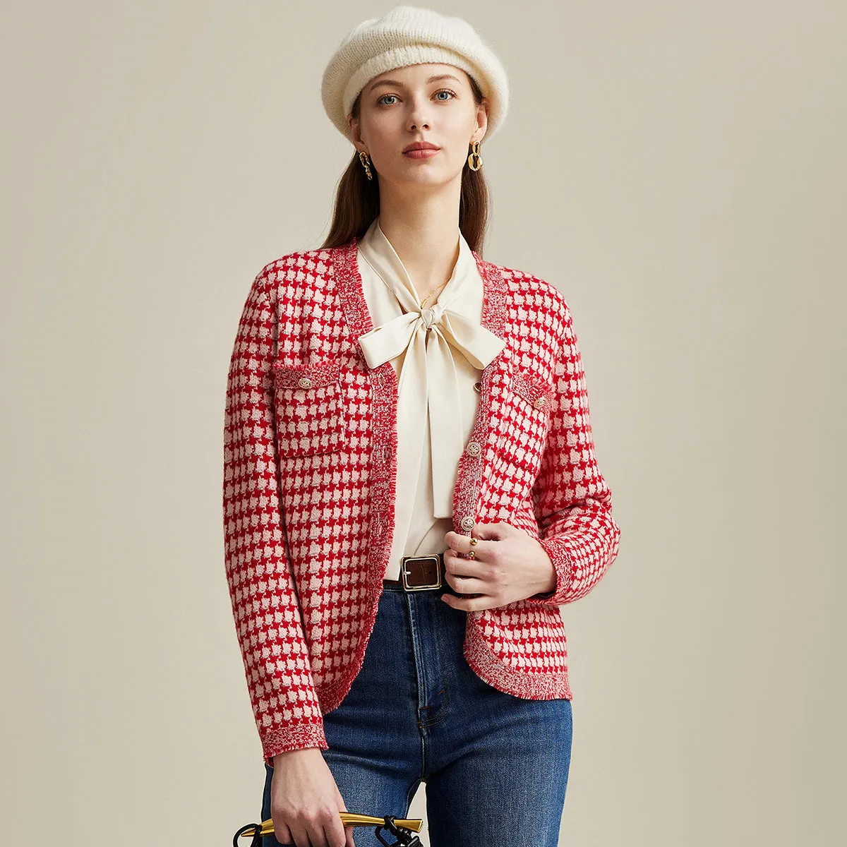 100% Wool Elegant Houndstooth Cardigan