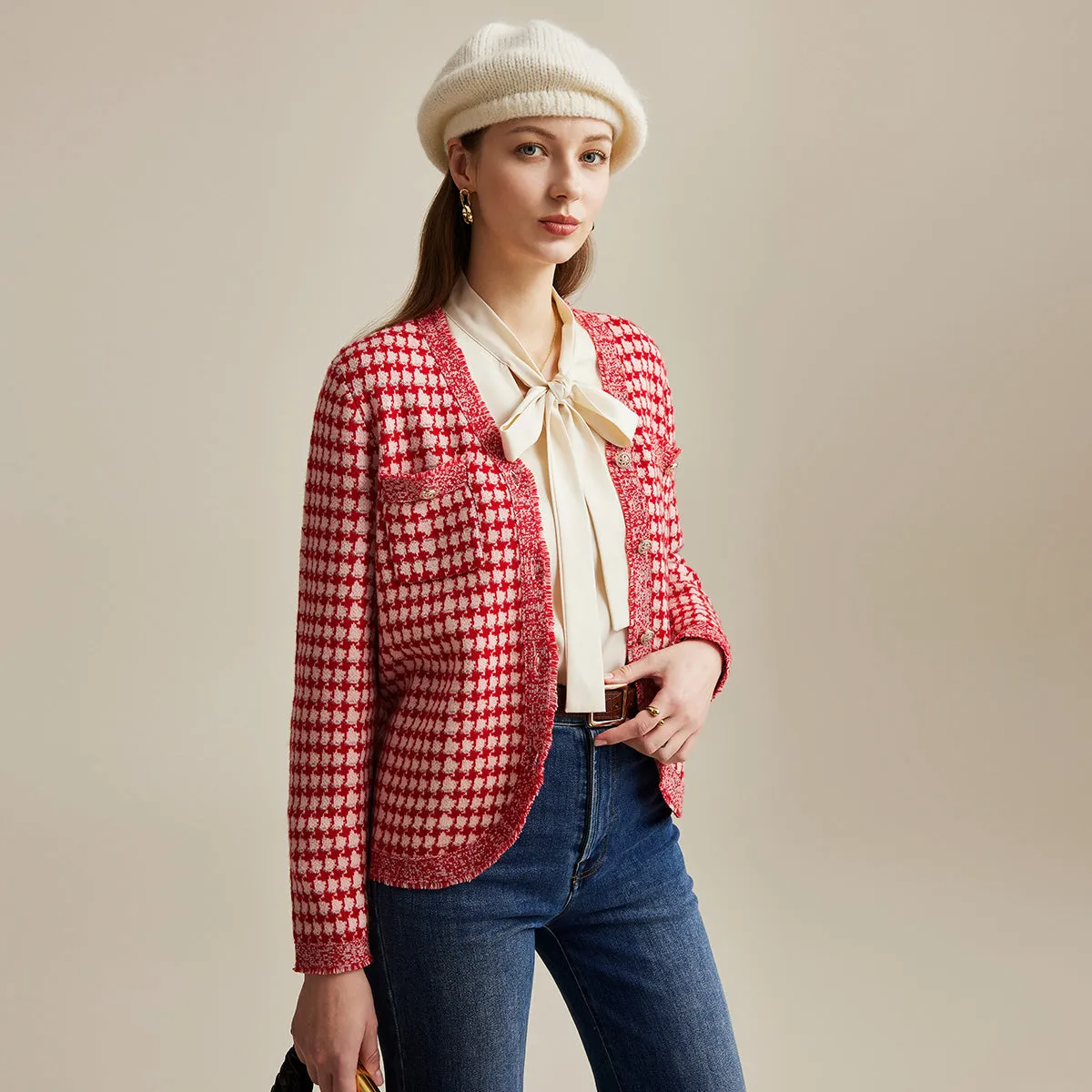 100% Wool Elegant Houndstooth Cardigan