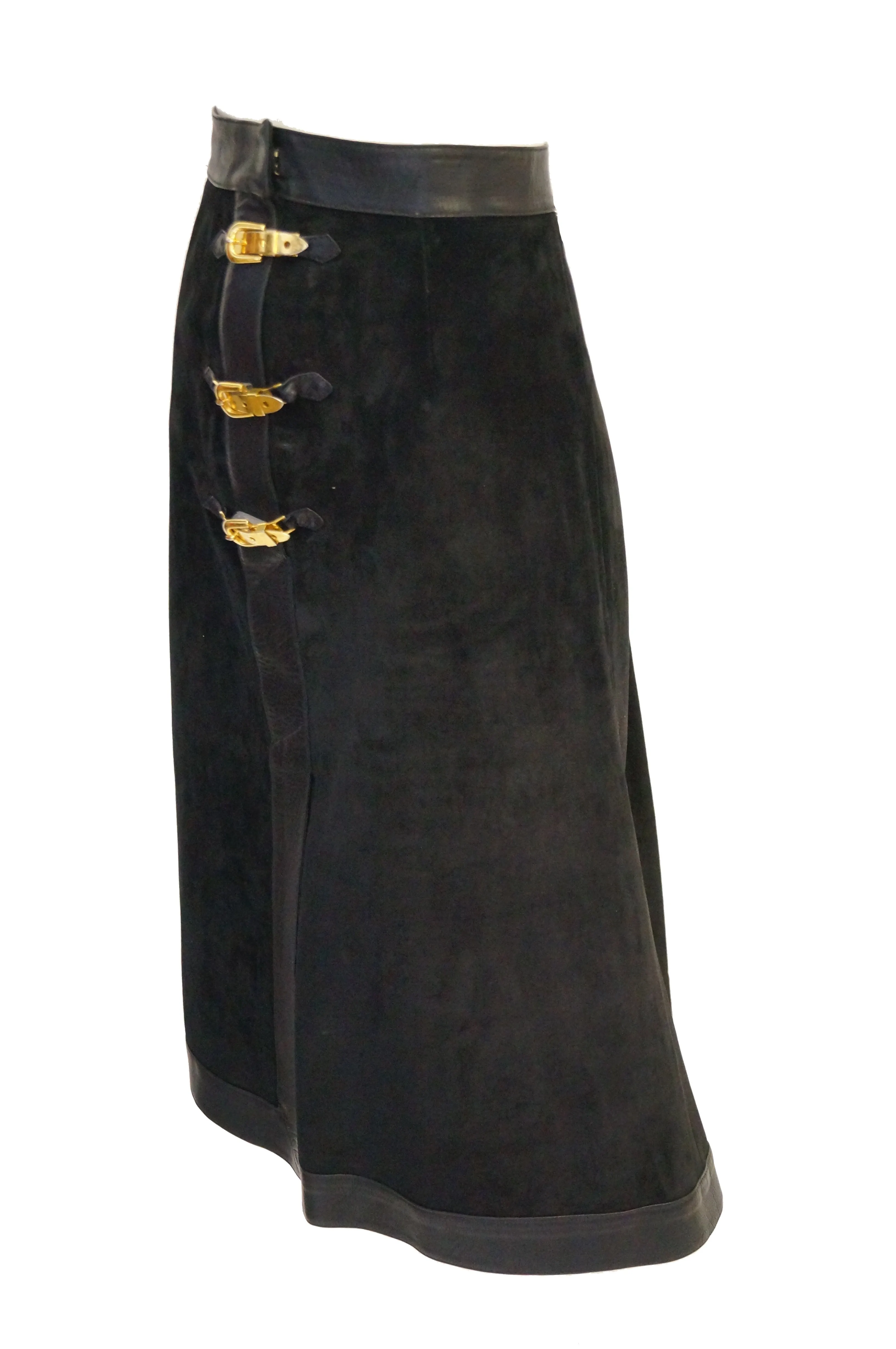 1970s Gucci Black Leather and Suede Buckle Skirt