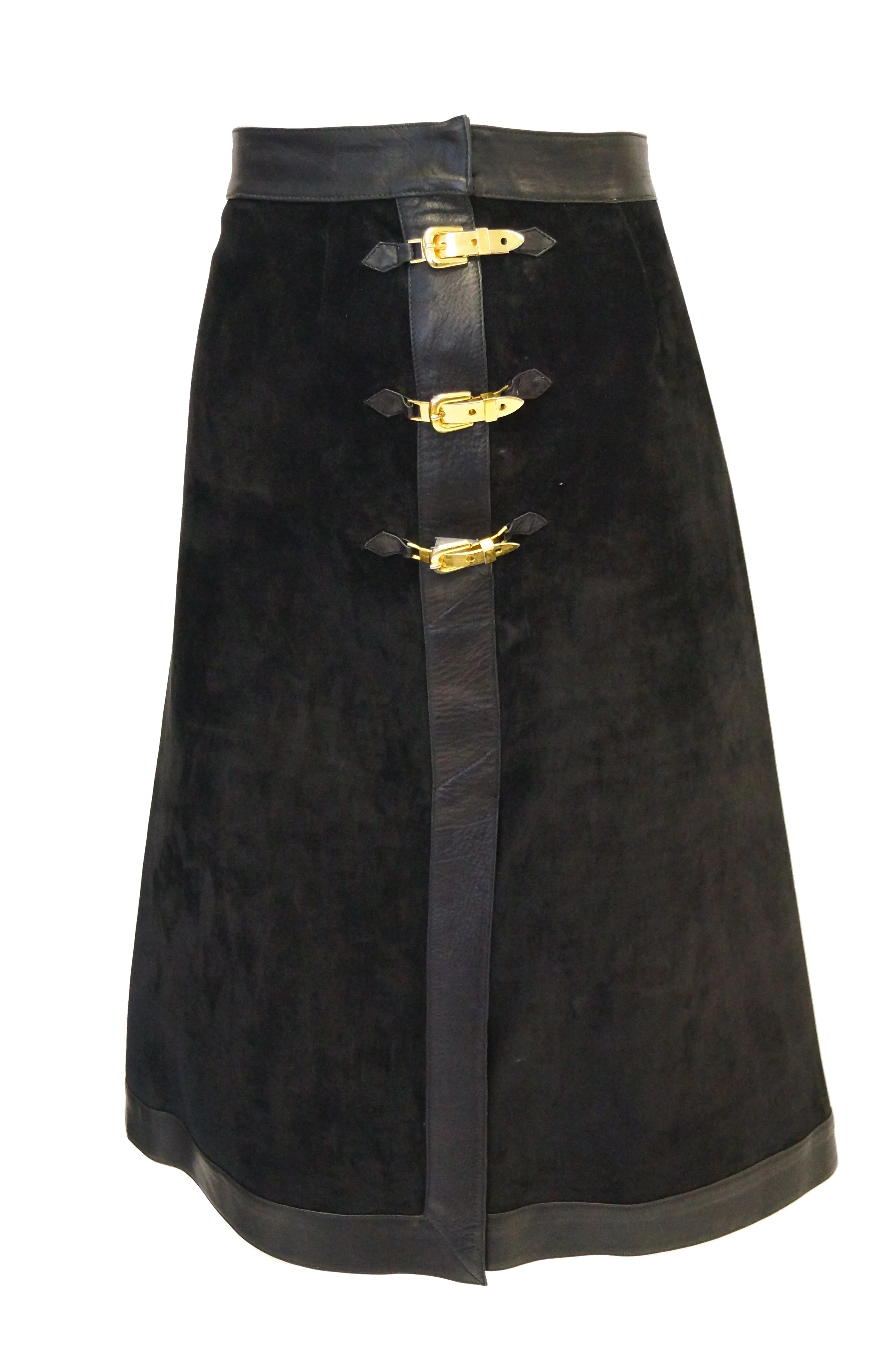 1970s Gucci Black Leather and Suede Buckle Skirt