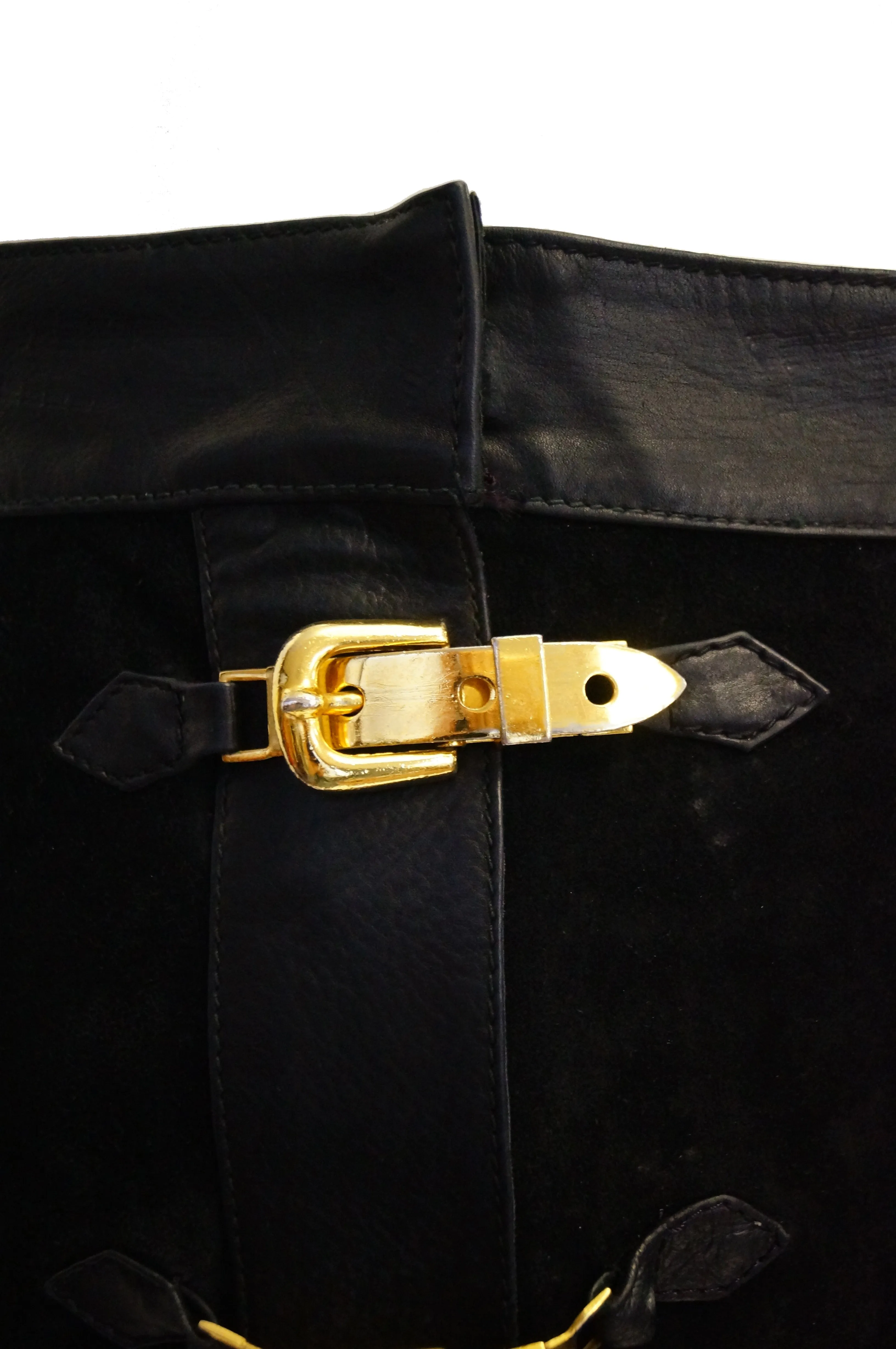 1970s Gucci Black Leather and Suede Buckle Skirt