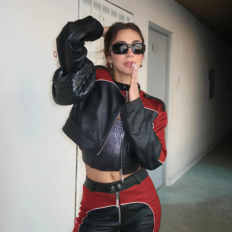 Advbridge starboy outfit 2024 American Street Motorcycle PU Leather Jacket Personality Contrast Color Long Sleeve Leather Zipper Cardigan Hot Girl Short Coat Autumn