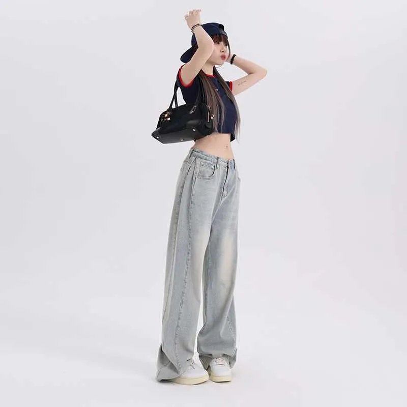 Amozae backpack inspo Visual Manual Casual Versatile Korean Style Loose Design Wide Leg Pants Regular Lengthened Jeans