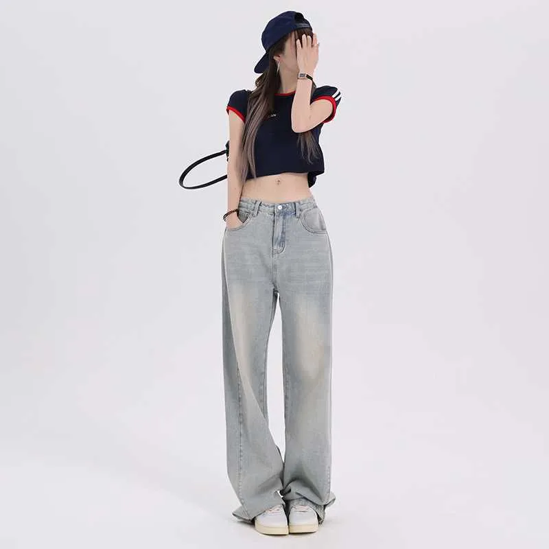 Amozae backpack inspo Visual Manual Casual Versatile Korean Style Loose Design Wide Leg Pants Regular Lengthened Jeans