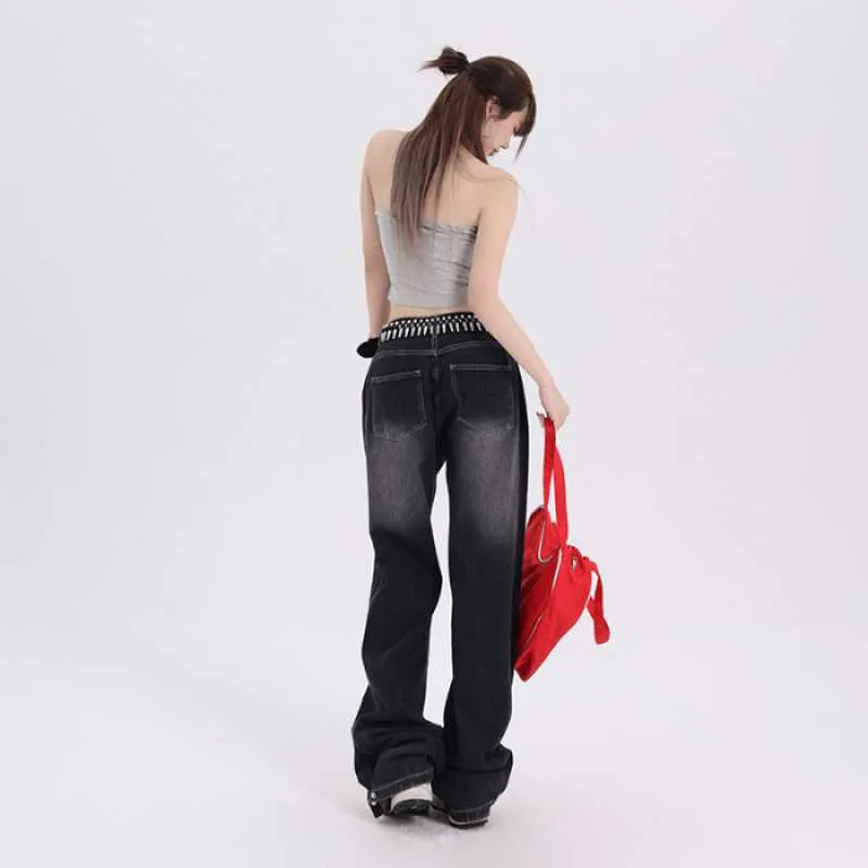 Amozae backpack inspo Visual Manual Casual Versatile Korean Style Loose Design Wide Leg Pants Regular Lengthened Jeans