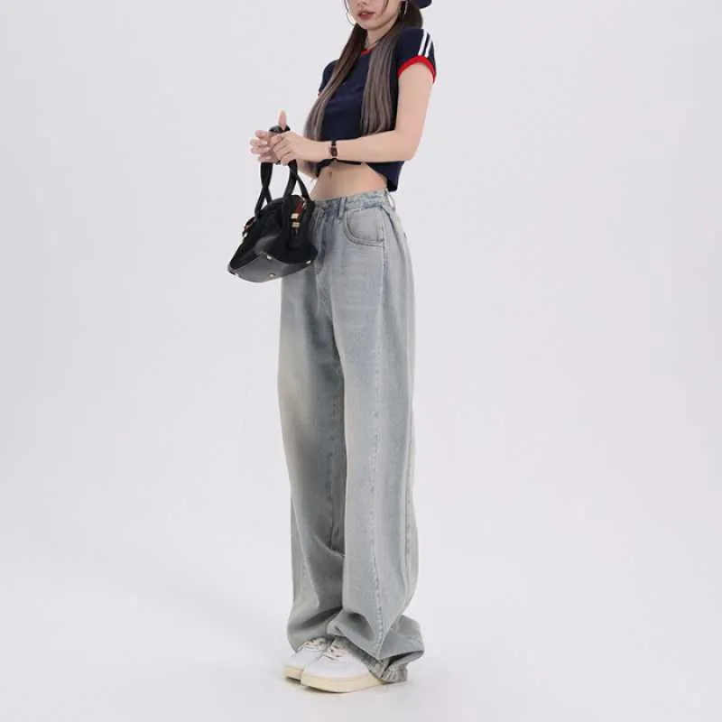 Amozae backpack inspo Visual Manual Casual Versatile Korean Style Loose Design Wide Leg Pants Regular Lengthened Jeans