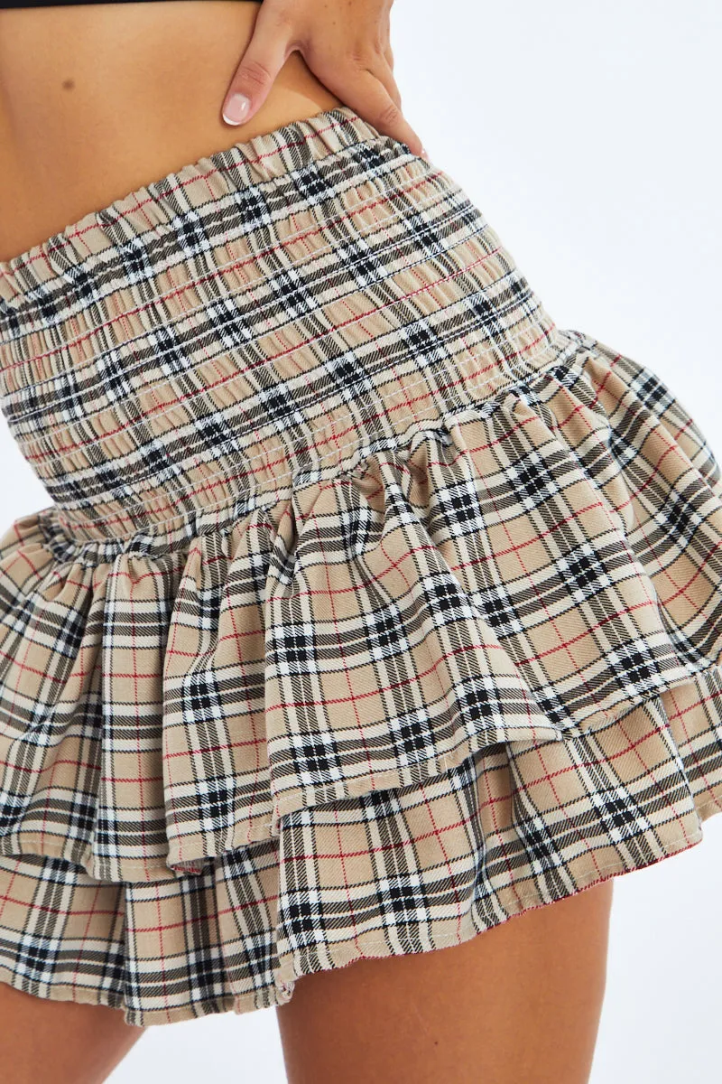 Beige Checked Shirred Waist Tiered Rara Skirt - Delilah