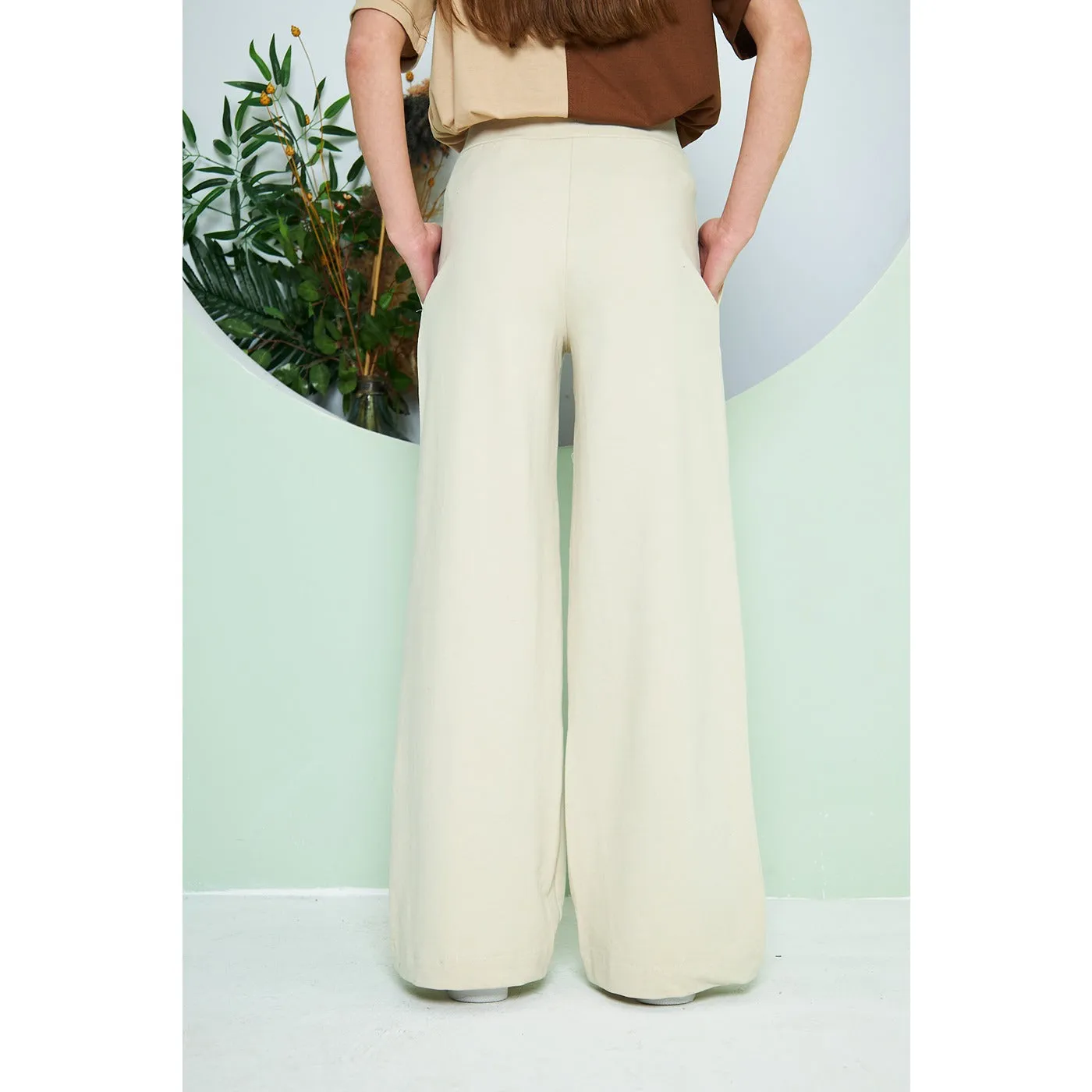 Beige Wide Leg Long Trousers