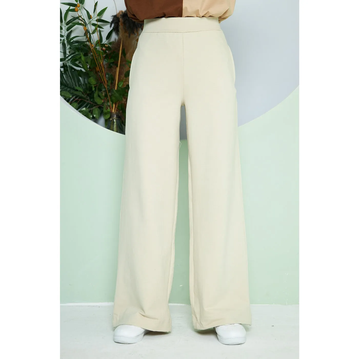 Beige Wide Leg Long Trousers