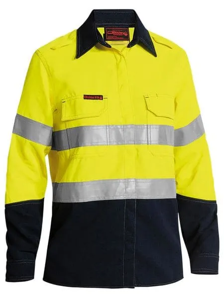 Bisley Women's Taped 2 Tone FR HiVis Lightweight Vented Long Sleeve-Yellow/Navy (BL8098T)