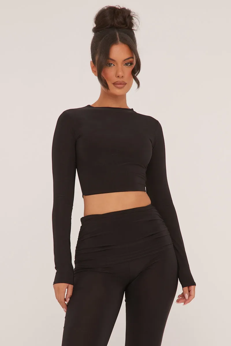 Black Round Neck Cropped Top & Wide Leg Trousers Co-ord Set - Zoe