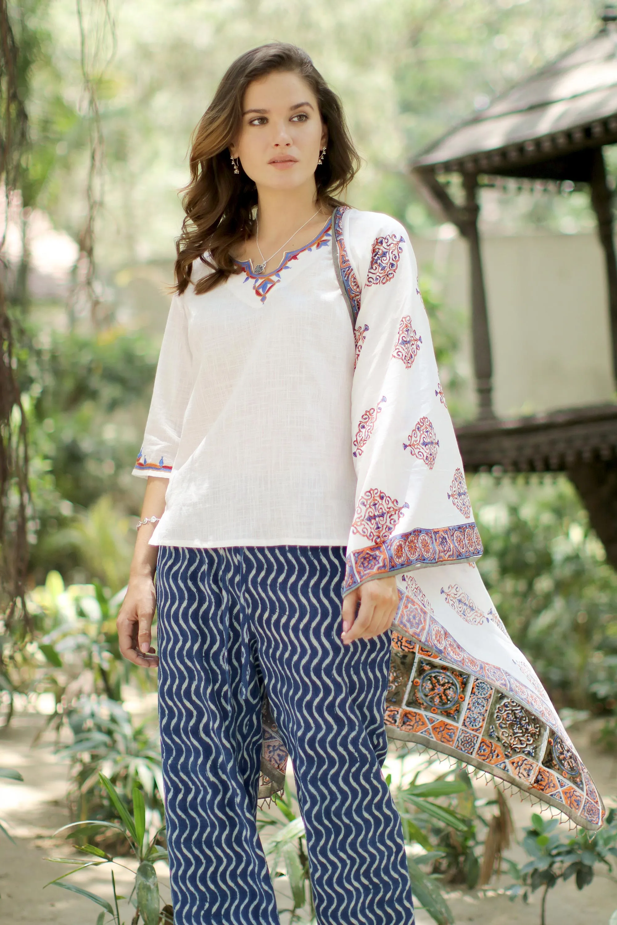 Block-Printed Cotton Shawl from India - Mughal Glory | NOVICA