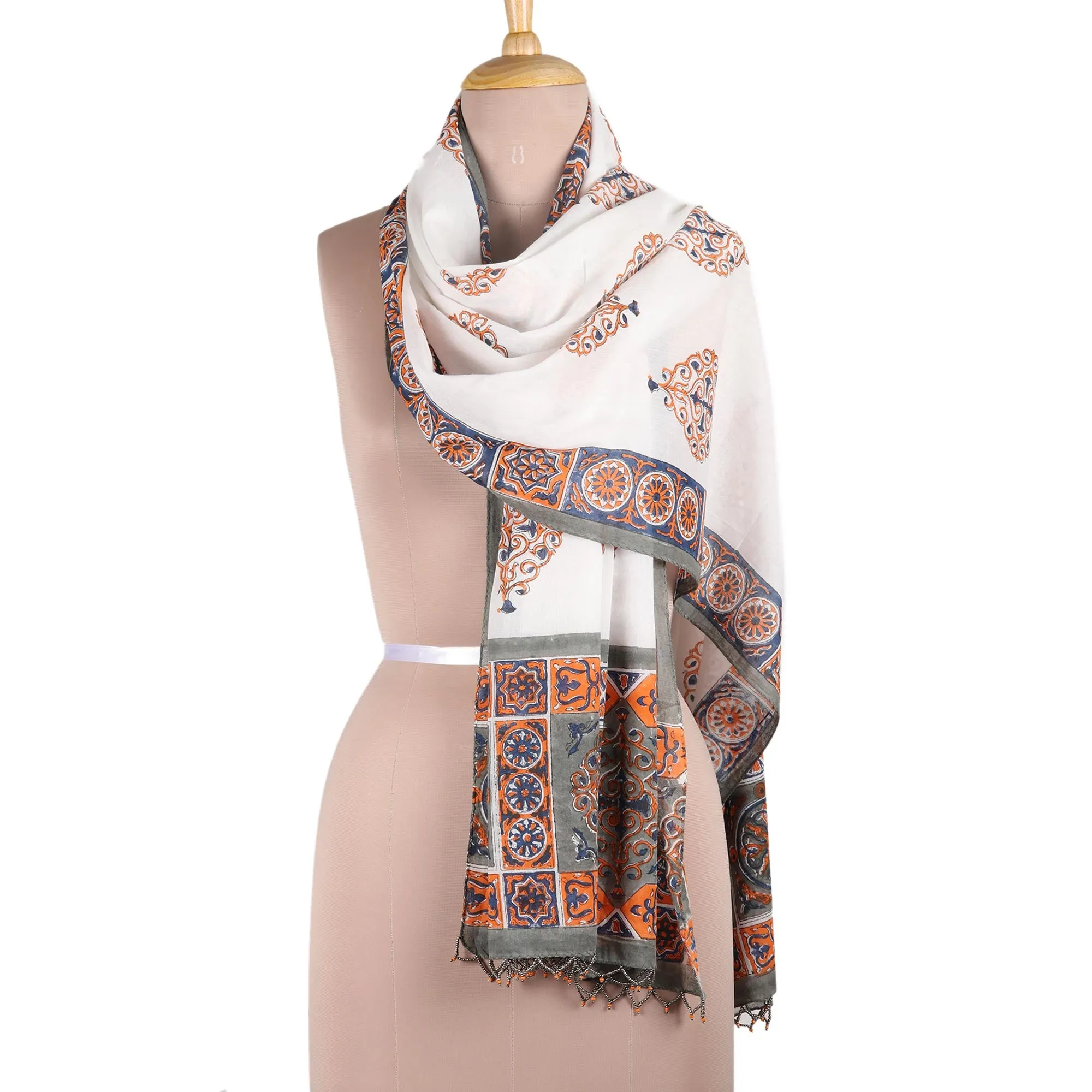 Block-Printed Cotton Shawl from India - Mughal Glory | NOVICA