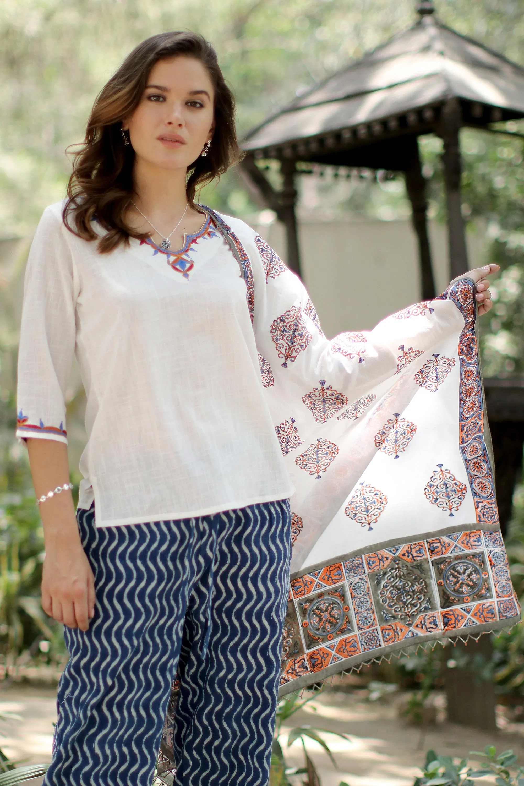 Block-Printed Cotton Shawl from India - Mughal Glory | NOVICA