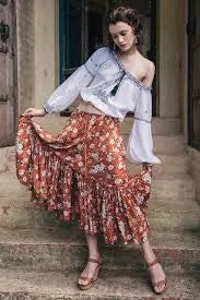 Boho Maxi Ruffle Skirt "Gypsy Dancer" Maple Brown With Ivory Flowers Plus Size 2X or XXL Long Skirt