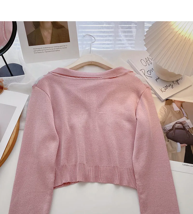 Bow contrast color long sleeve T-shirt shows thin short top  6523