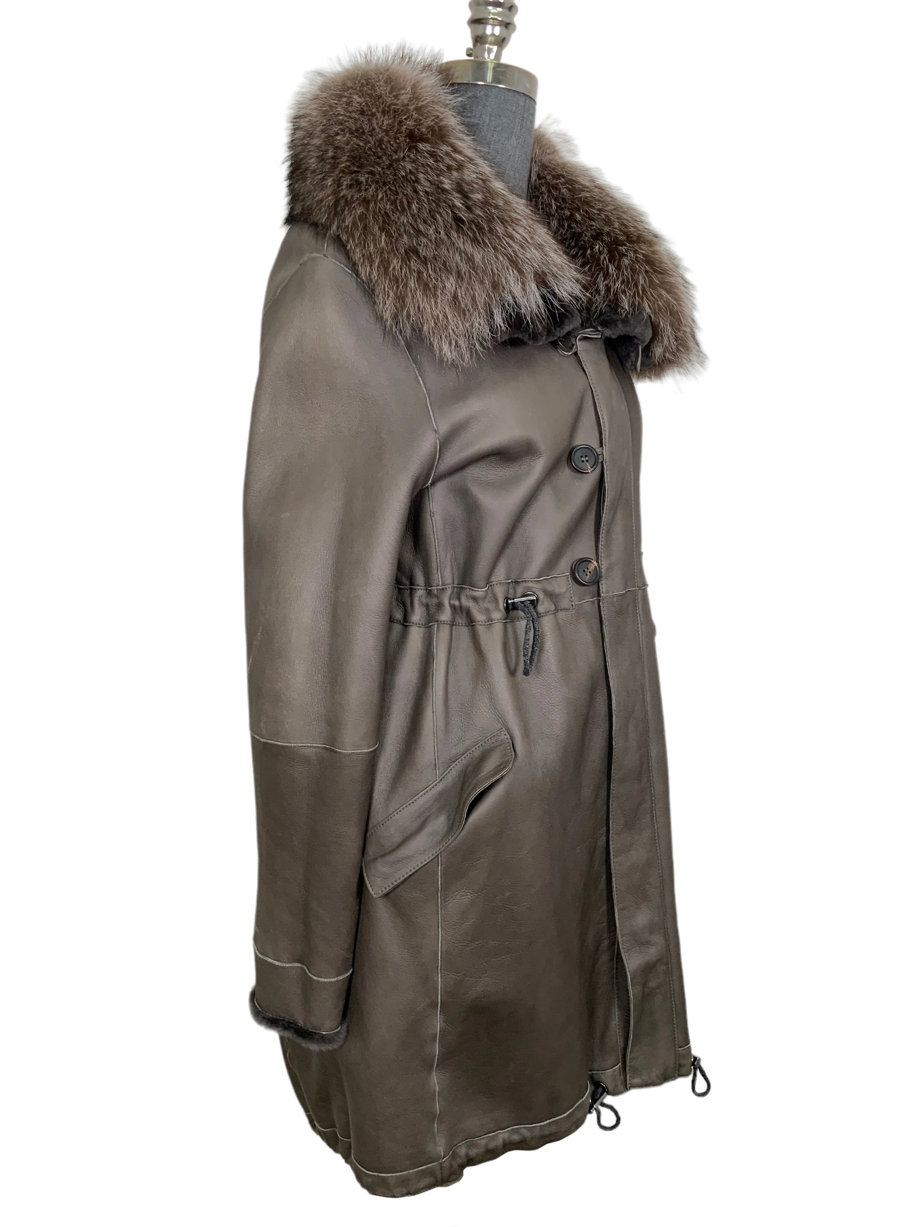 Brunello Cucinelli Leather Racoon Fur Parka Jacket with Racoon Fur Size M