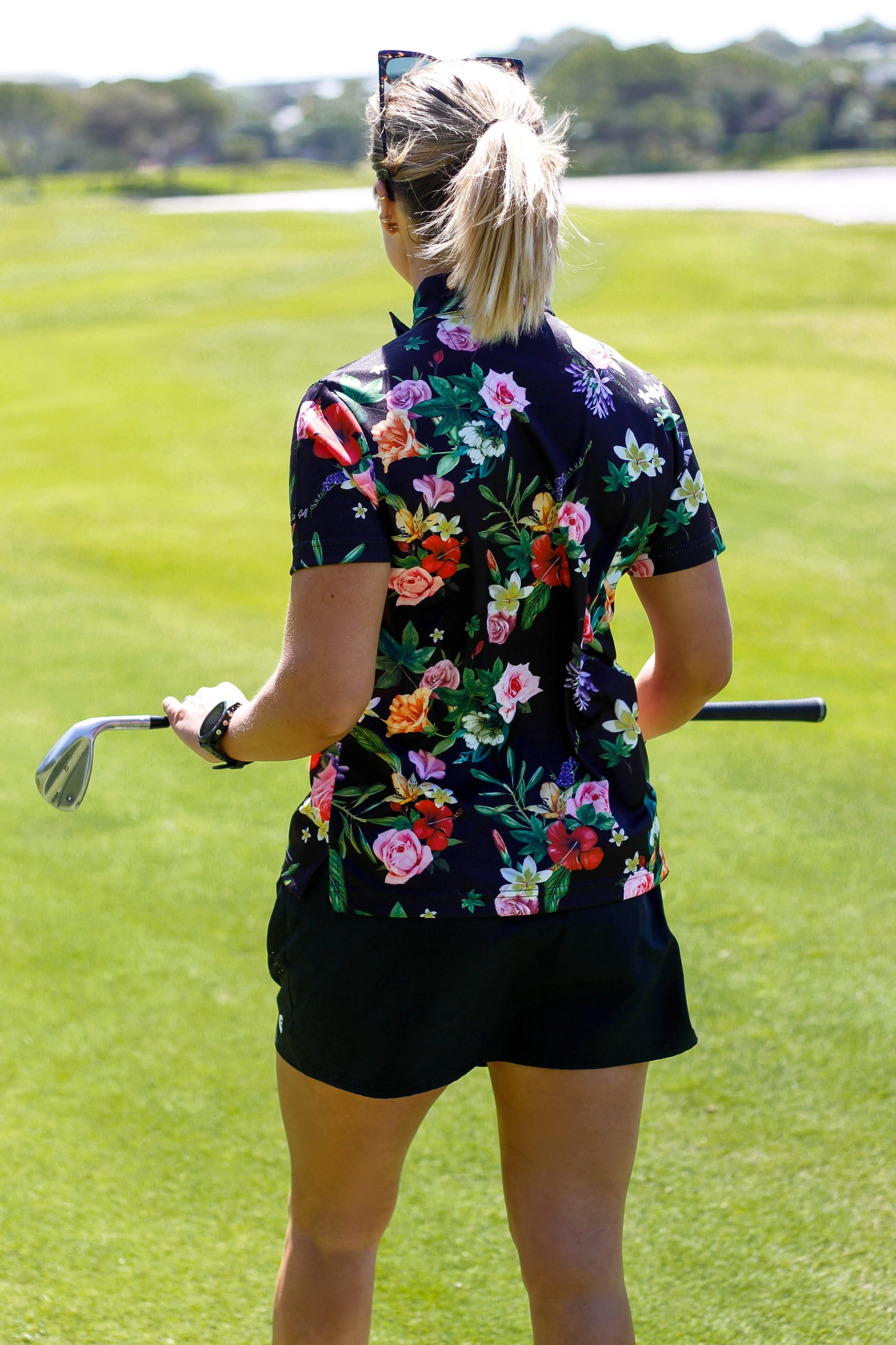 CA Ladies Funky Golf Shirt | Black Floral