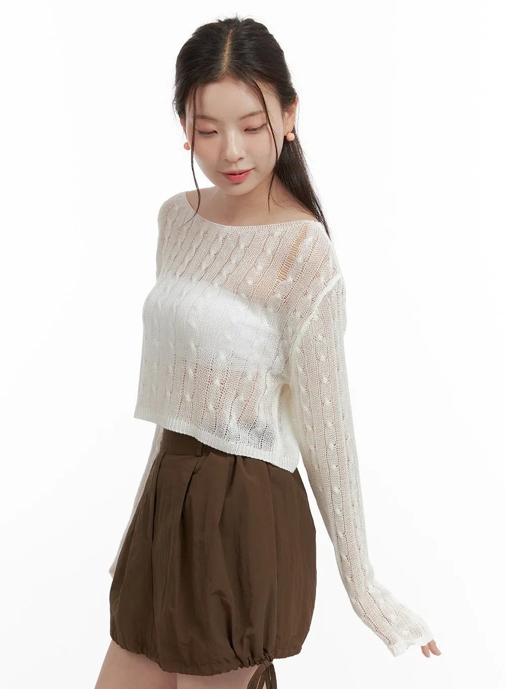 Cable Knit Sheer Crop Sweater OL417