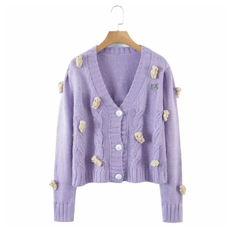 Cartoon little bear knitted cardigan cute loose sweet cardigan jacket  7236