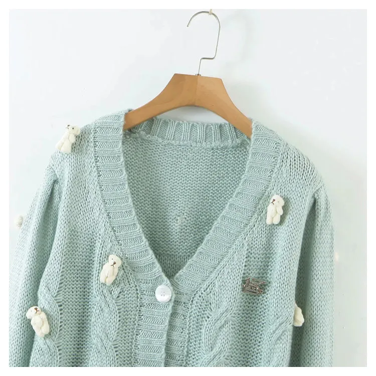 Cartoon little bear knitted cardigan cute loose sweet cardigan jacket  7236