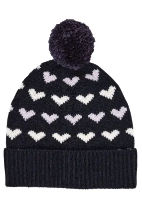 CASHMERE BEANIE W. HEARTS AND POMPOM - NAVY/LAVENDER COMBI