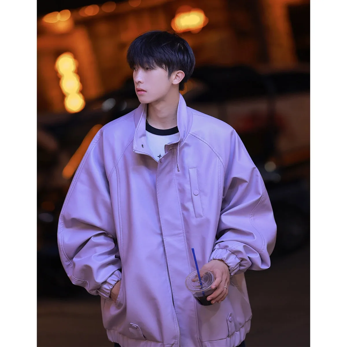 Cleanfit White PU Leather Coat Male 2023 Early Autumn New Arrival Hiphop High Street Pilot Parka Jacket