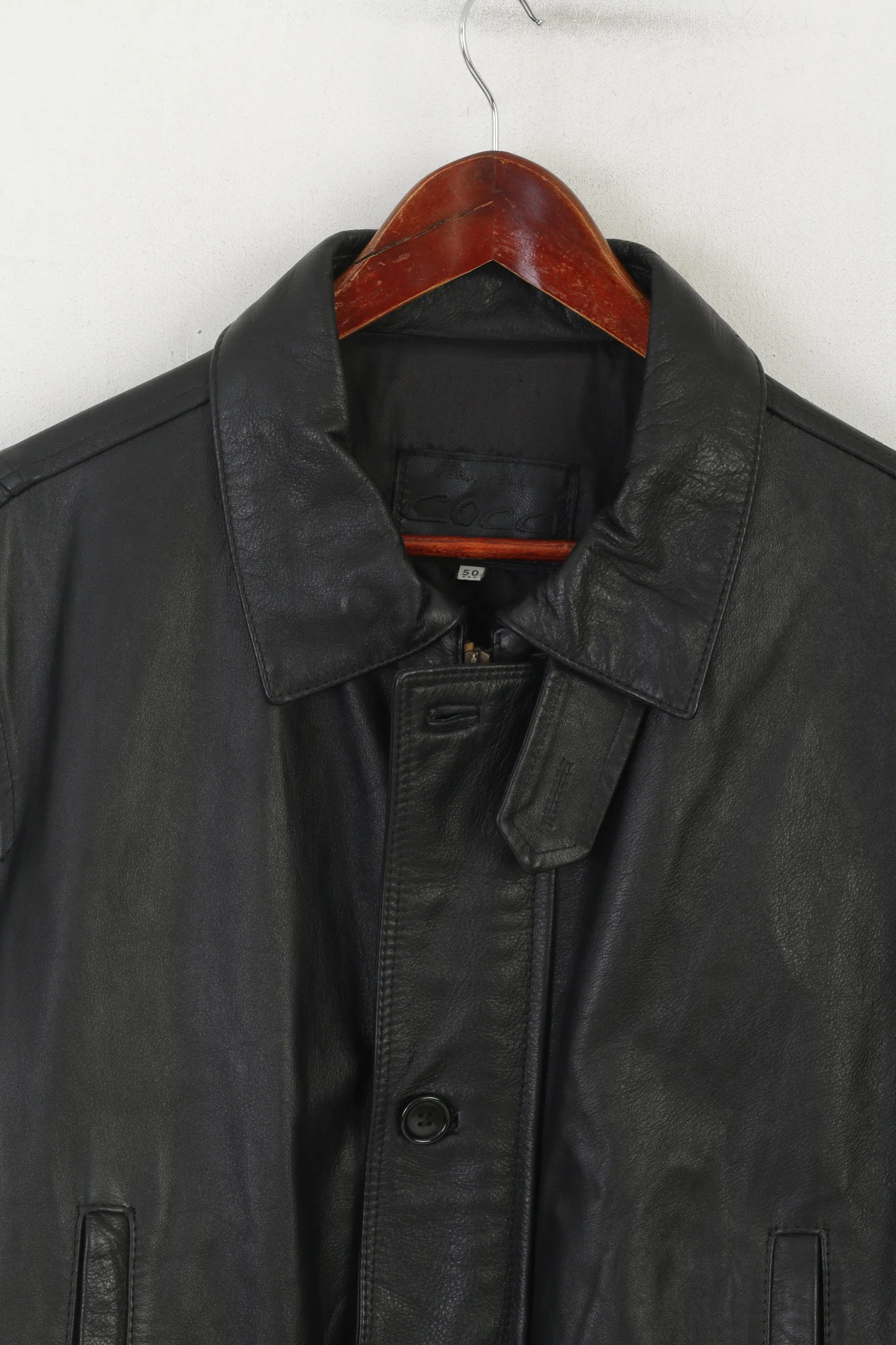 Cocci Vera Pele Men 50 M Jacket Black Leather Vintage Made in Italy Zip Up Parka