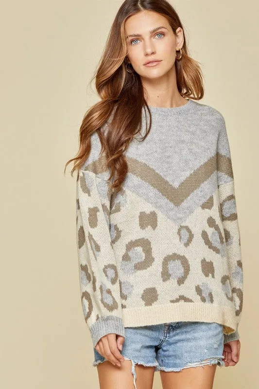 *COLOR BLOCK LEOPARD SWEATER GREY/BROWN/TAUPE