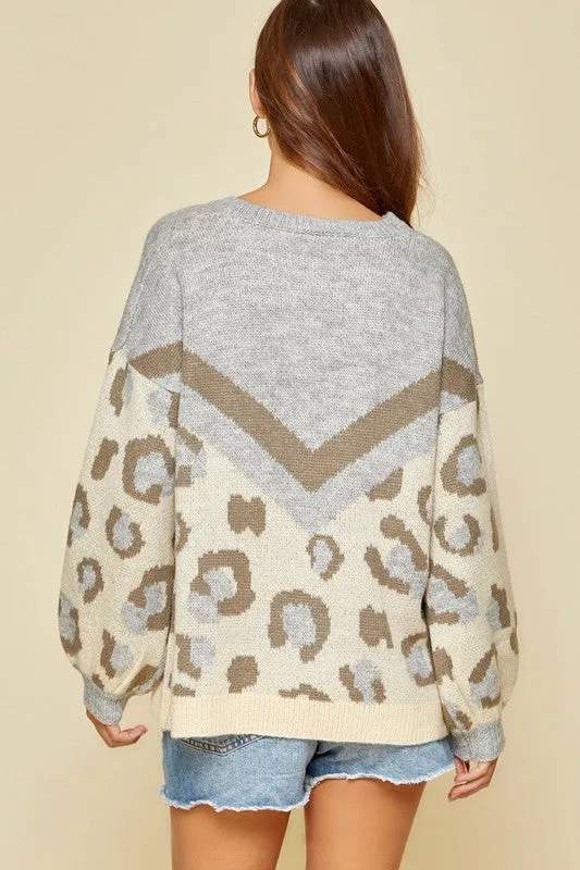 *COLOR BLOCK LEOPARD SWEATER GREY/BROWN/TAUPE