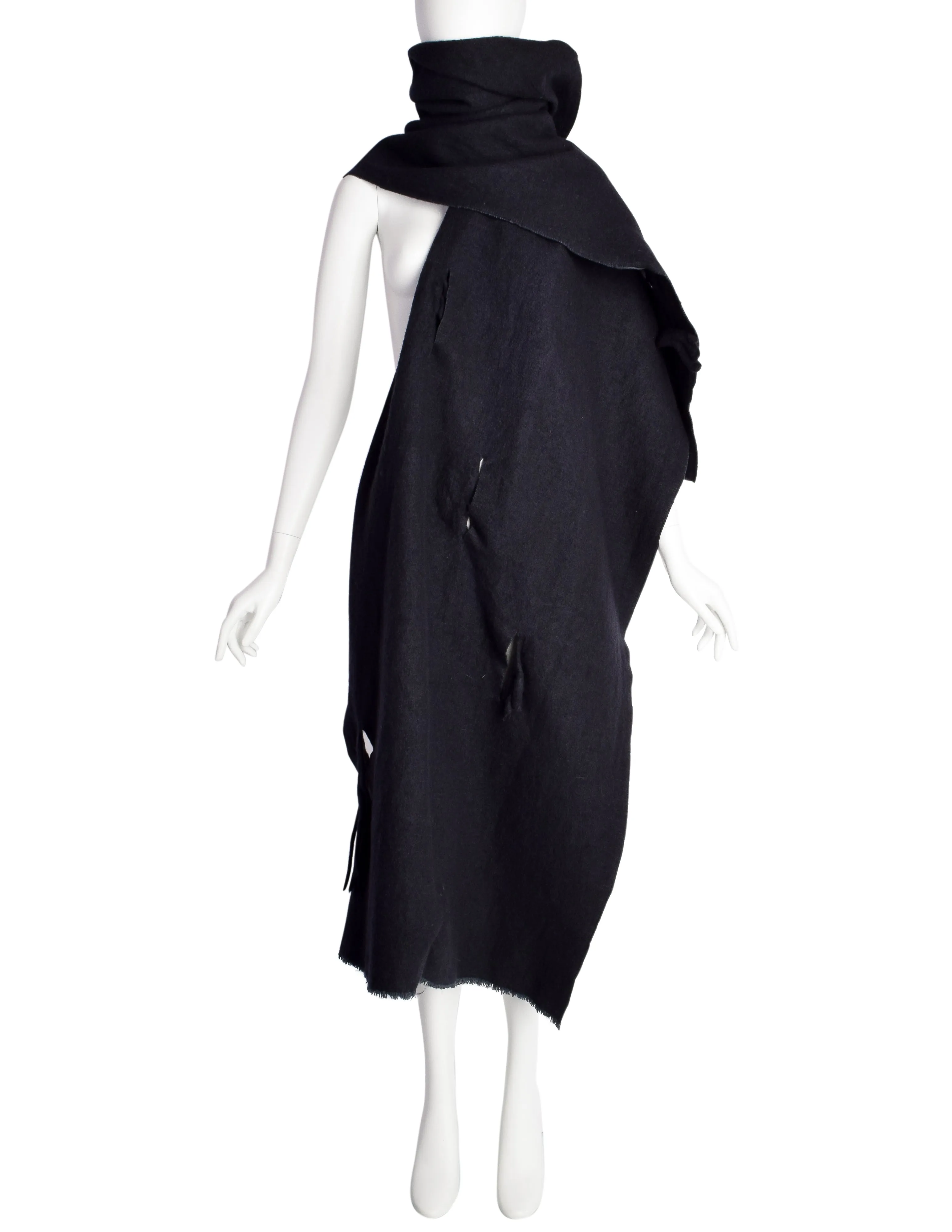 Comme des Garcons Vintage AW 1982 Destroy Collection Black Wool 'Hole' Blanket Scarf Wrap Shawl