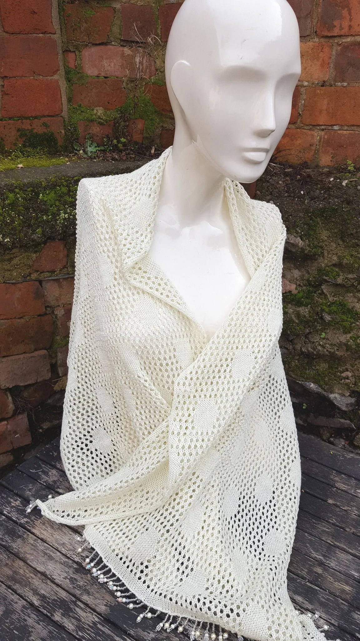 Cream, Lace knit Pashmina, wedding or prom shawl with beaded fringe.