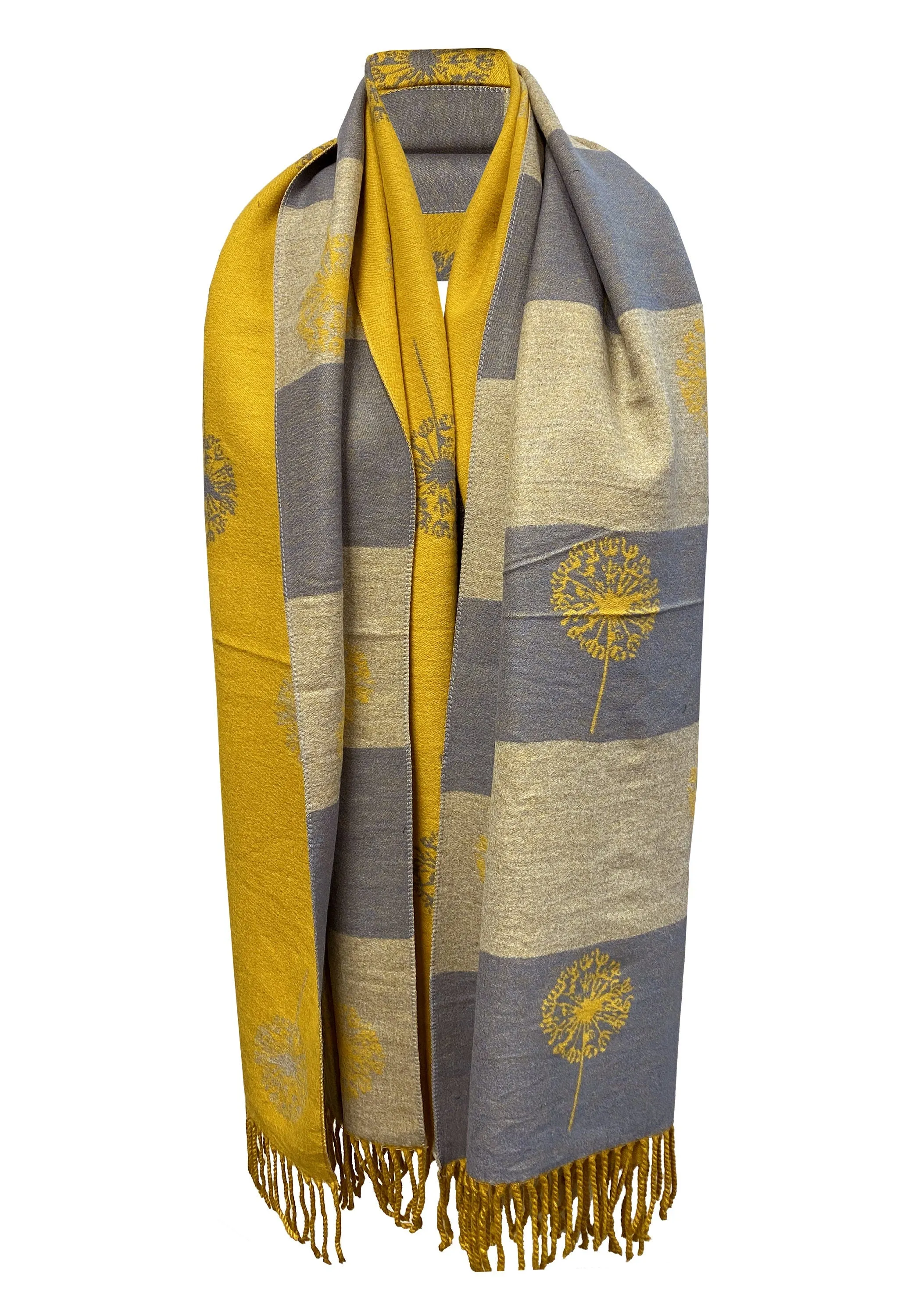 DANDELION PRINT Scarf Rich MUSTARD grey cashmere scarf reversible super soft winter shawl unisex trending scarf Xmas gift for him and her