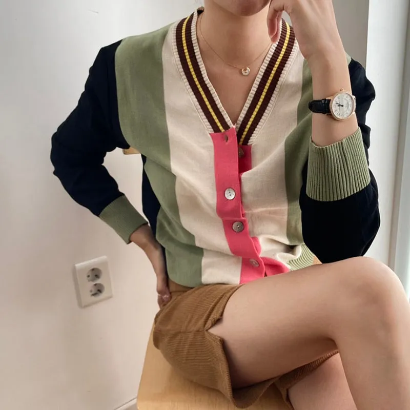 Design Striped Women Cardigan Sweater Korean V Neck Button Up Winter Thin Jacket Long Sleeve Knit All Match Female Jumper