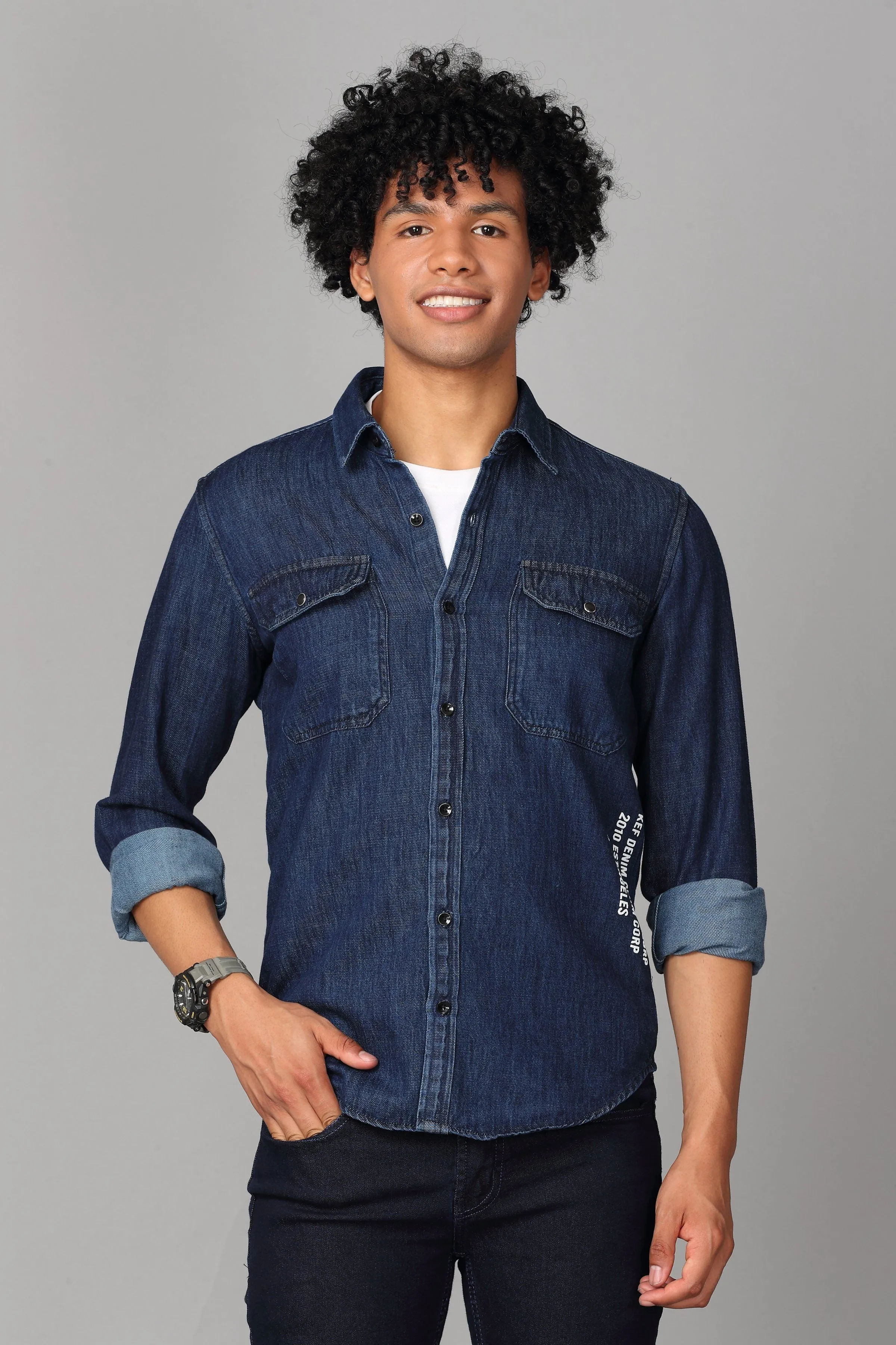 Double Pocket Printed Dark Blue Denim Shirt