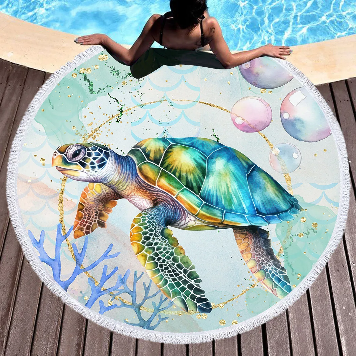 Dreamy Sea Turtle Round Beach Towel