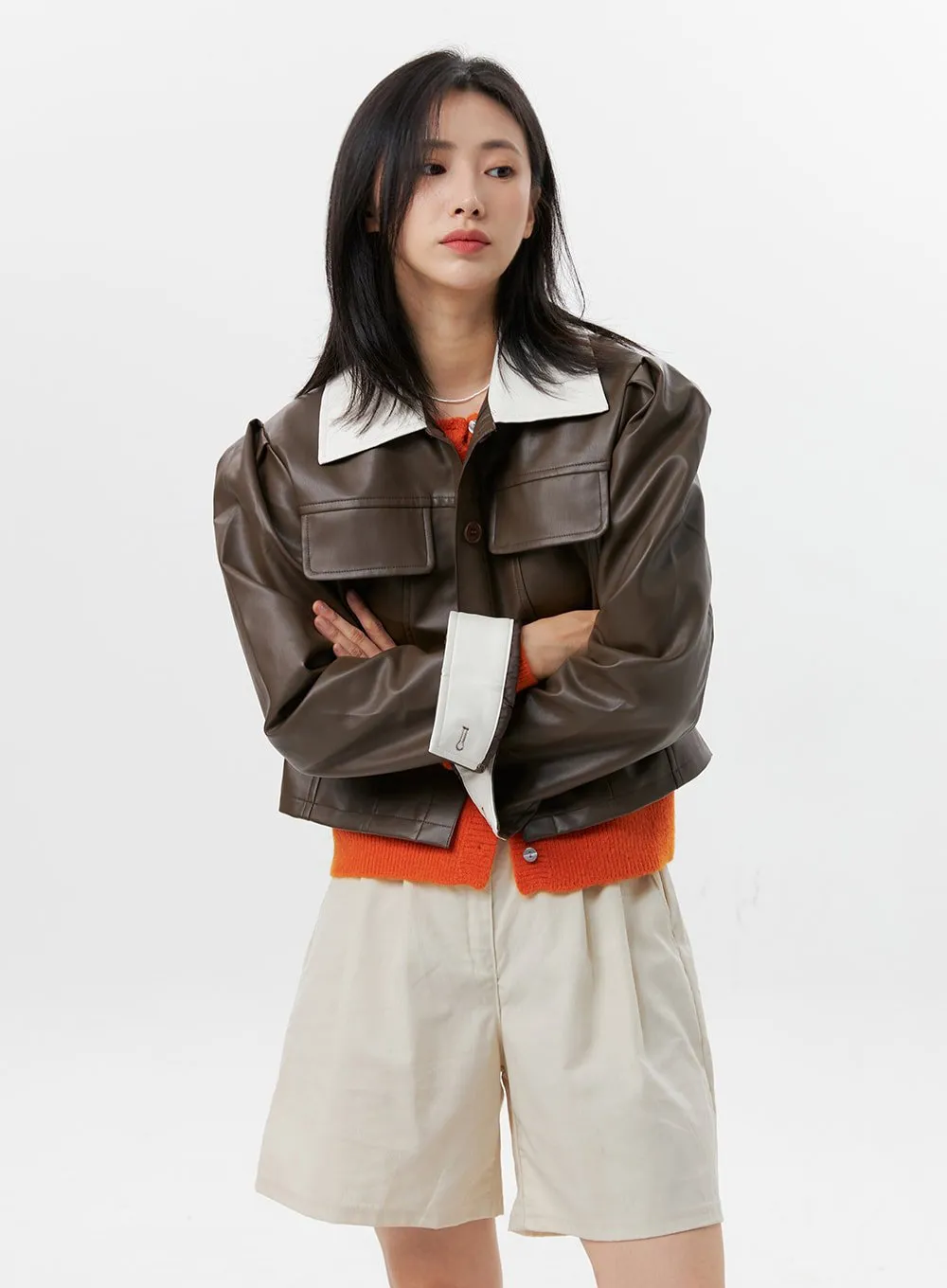 Faux Leather Color-Block Jacket OG318