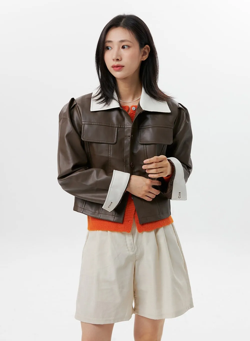 Faux Leather Color-Block Jacket OG318