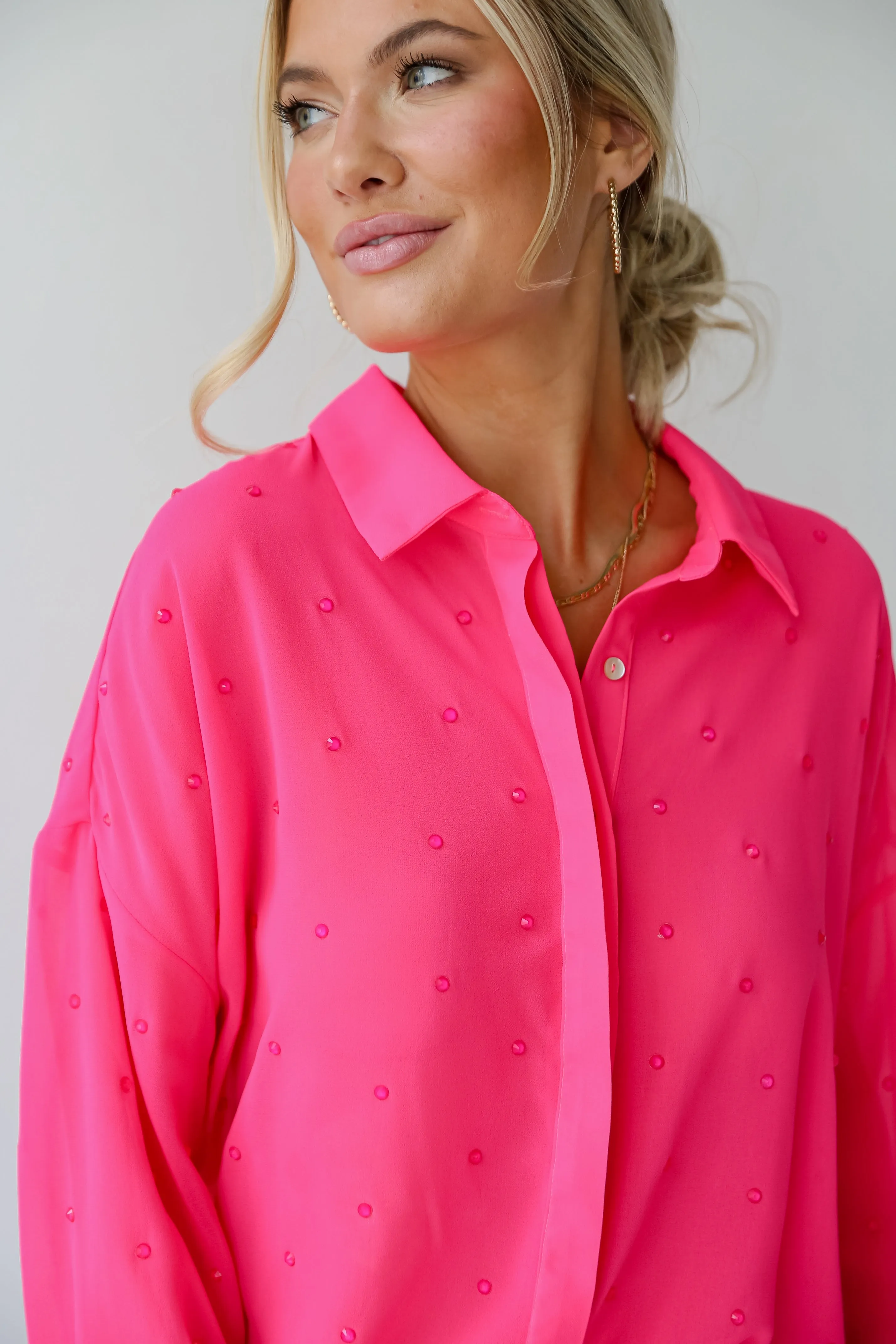 FINAL SALE - Illuminated Design Fuchsia Rhinestone Button-Up Blouse