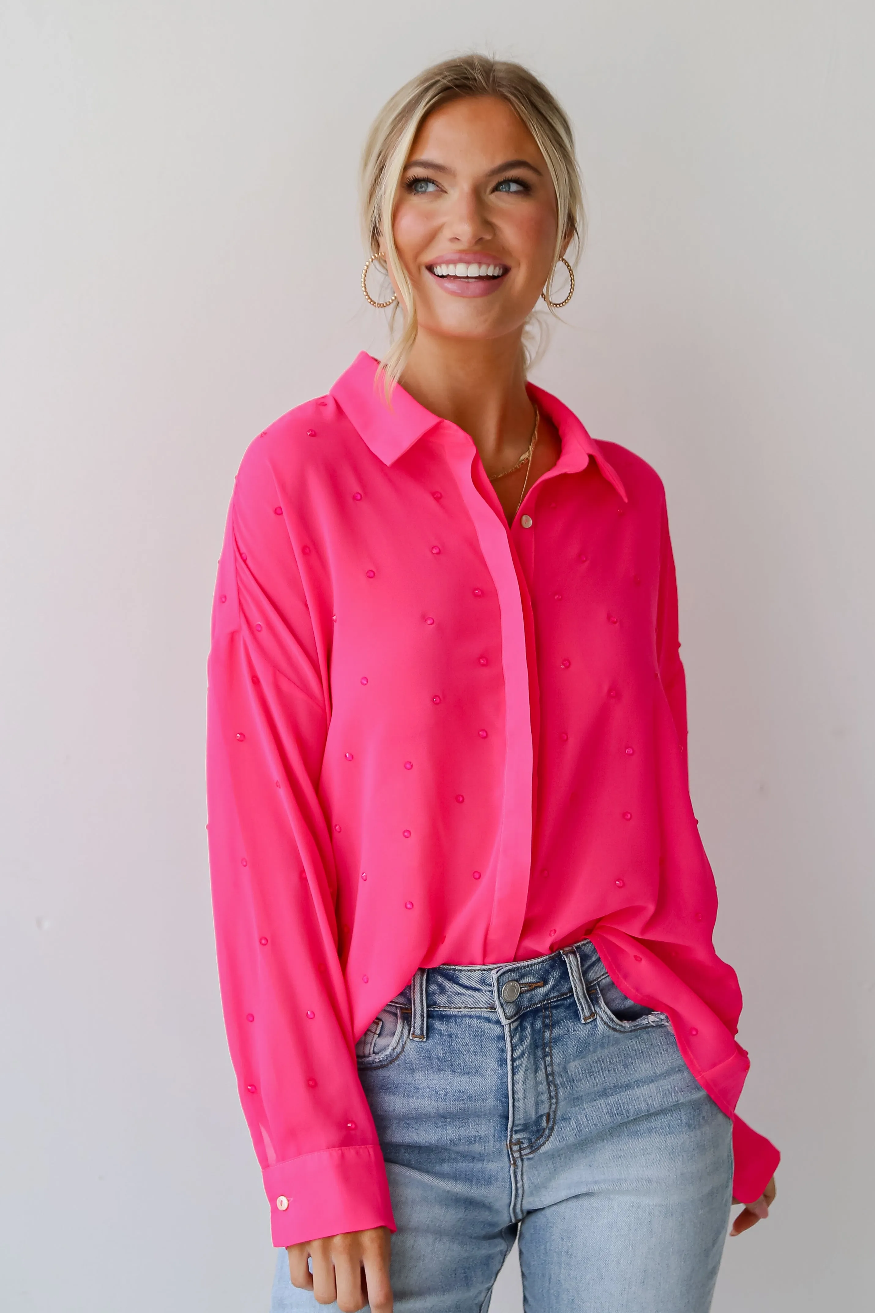 FINAL SALE - Illuminated Design Fuchsia Rhinestone Button-Up Blouse