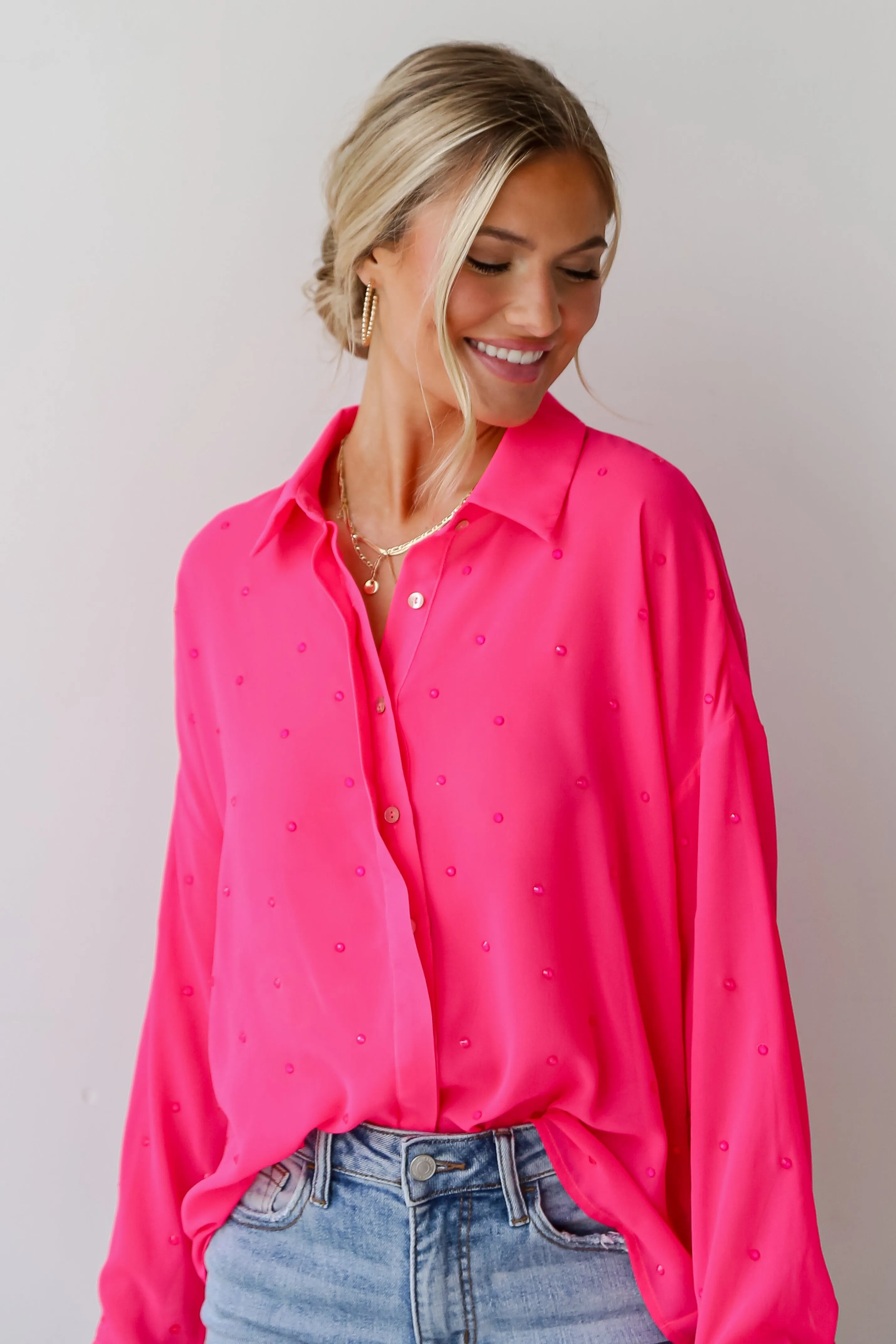 FINAL SALE - Illuminated Design Fuchsia Rhinestone Button-Up Blouse