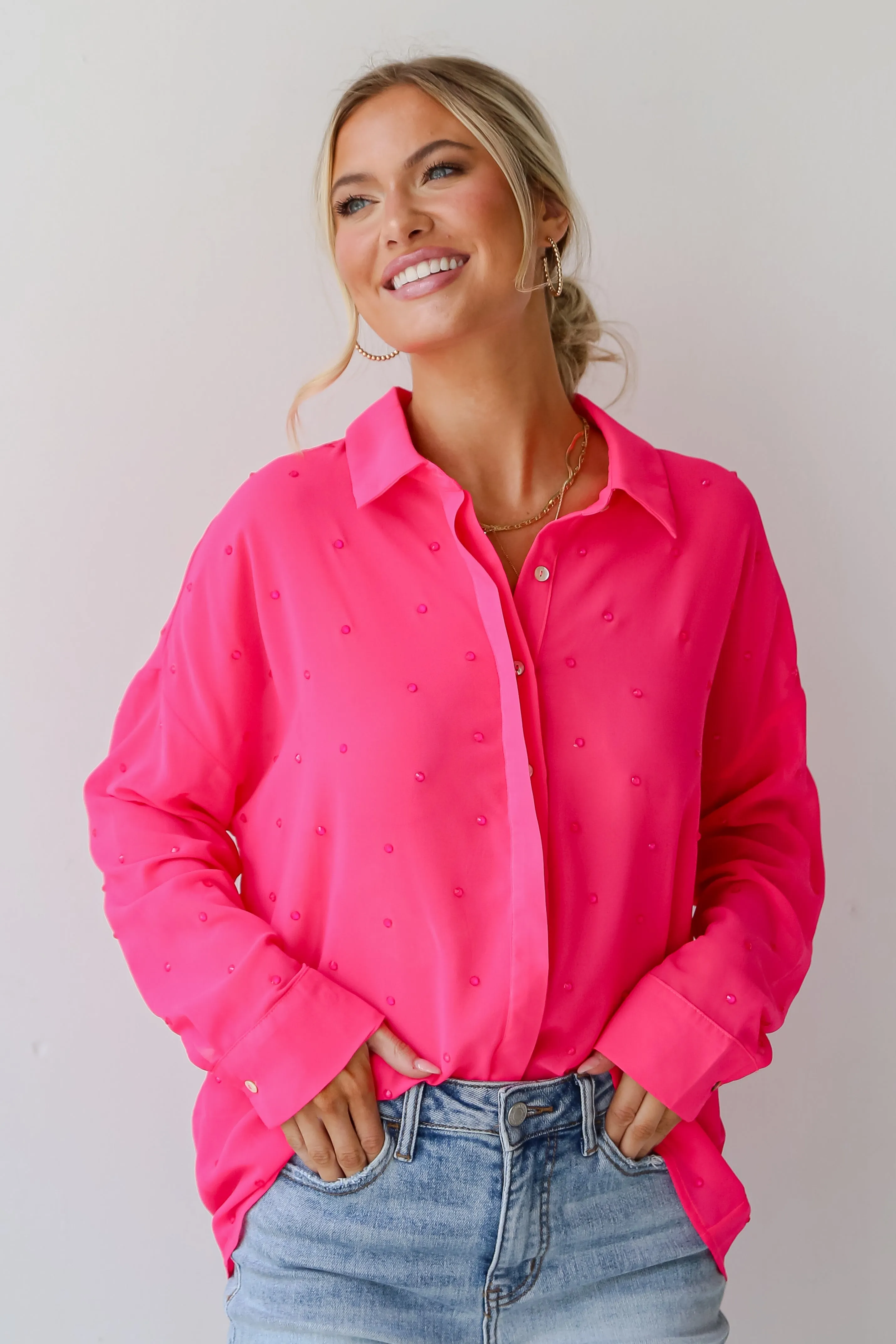 FINAL SALE - Illuminated Design Fuchsia Rhinestone Button-Up Blouse