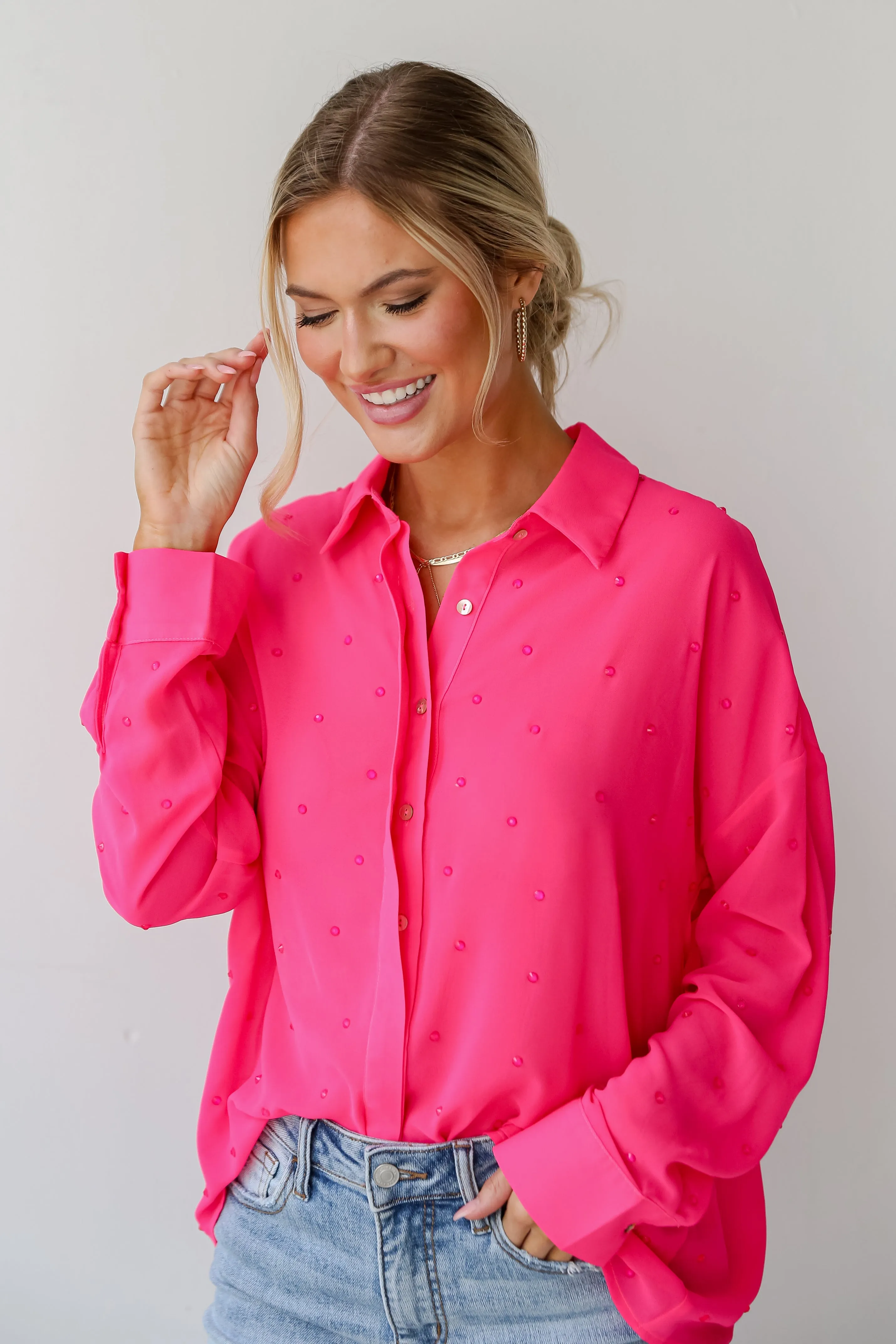 FINAL SALE - Illuminated Design Fuchsia Rhinestone Button-Up Blouse