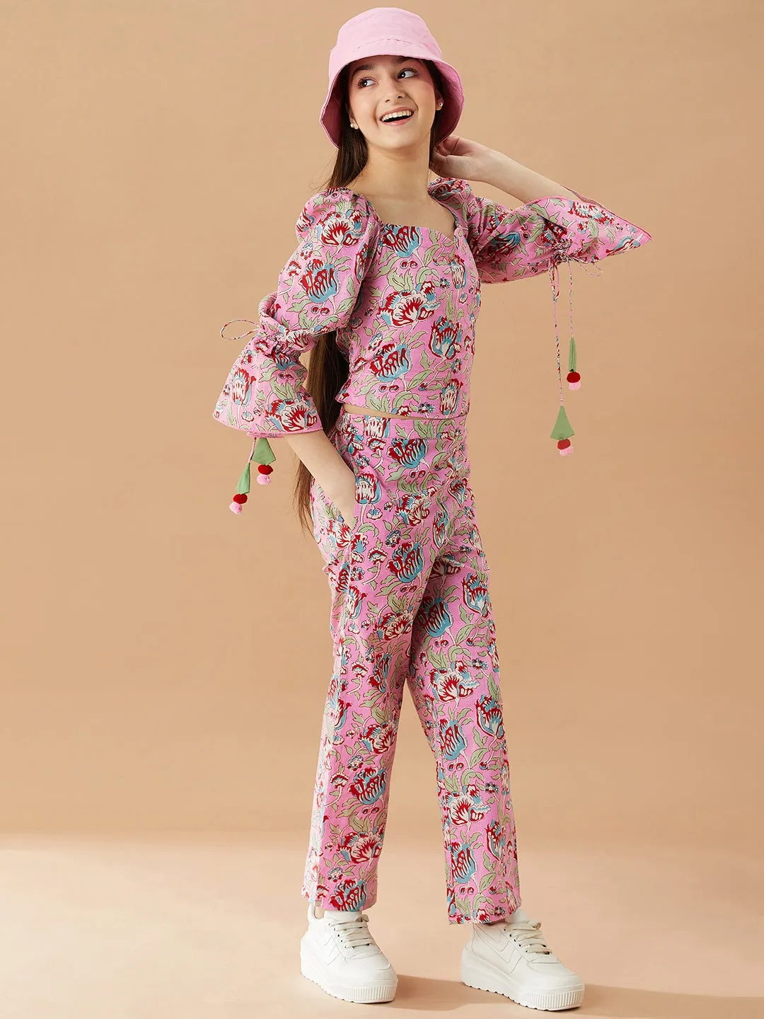 Girls Floral Printed Pure Cotton Bell Sleeves Top With Trousers - Ps Peaches