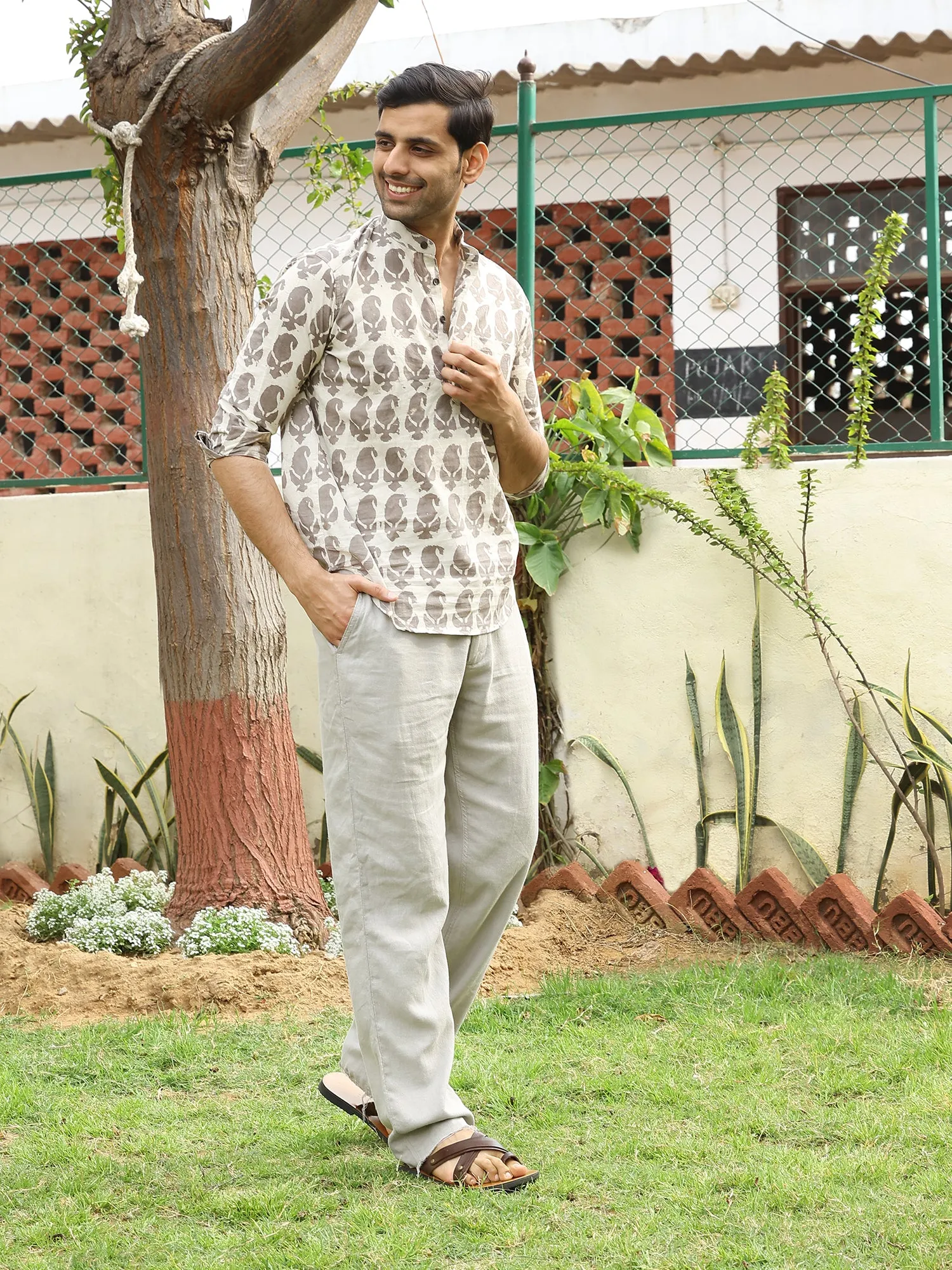 Hand Block Printed Mens Cotton Short Kurta Style Shirt  (Baige)