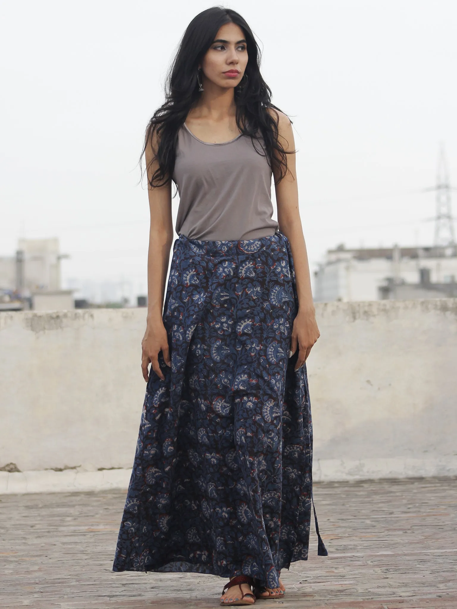 Hand Block Printed Wrap Around Skirt In Indigo Maroon Ivory - S40F001