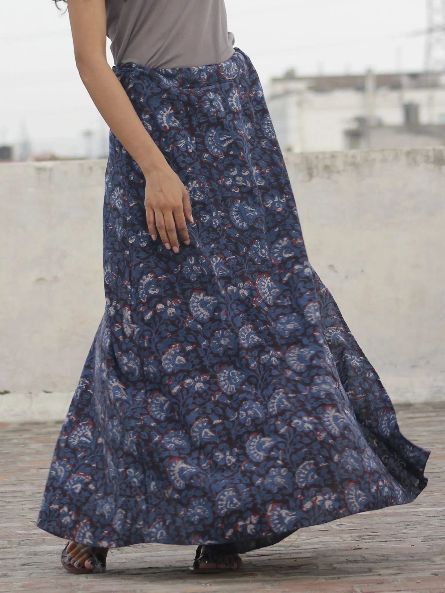 Hand Block Printed Wrap Around Skirt In Indigo Maroon Ivory - S40F001