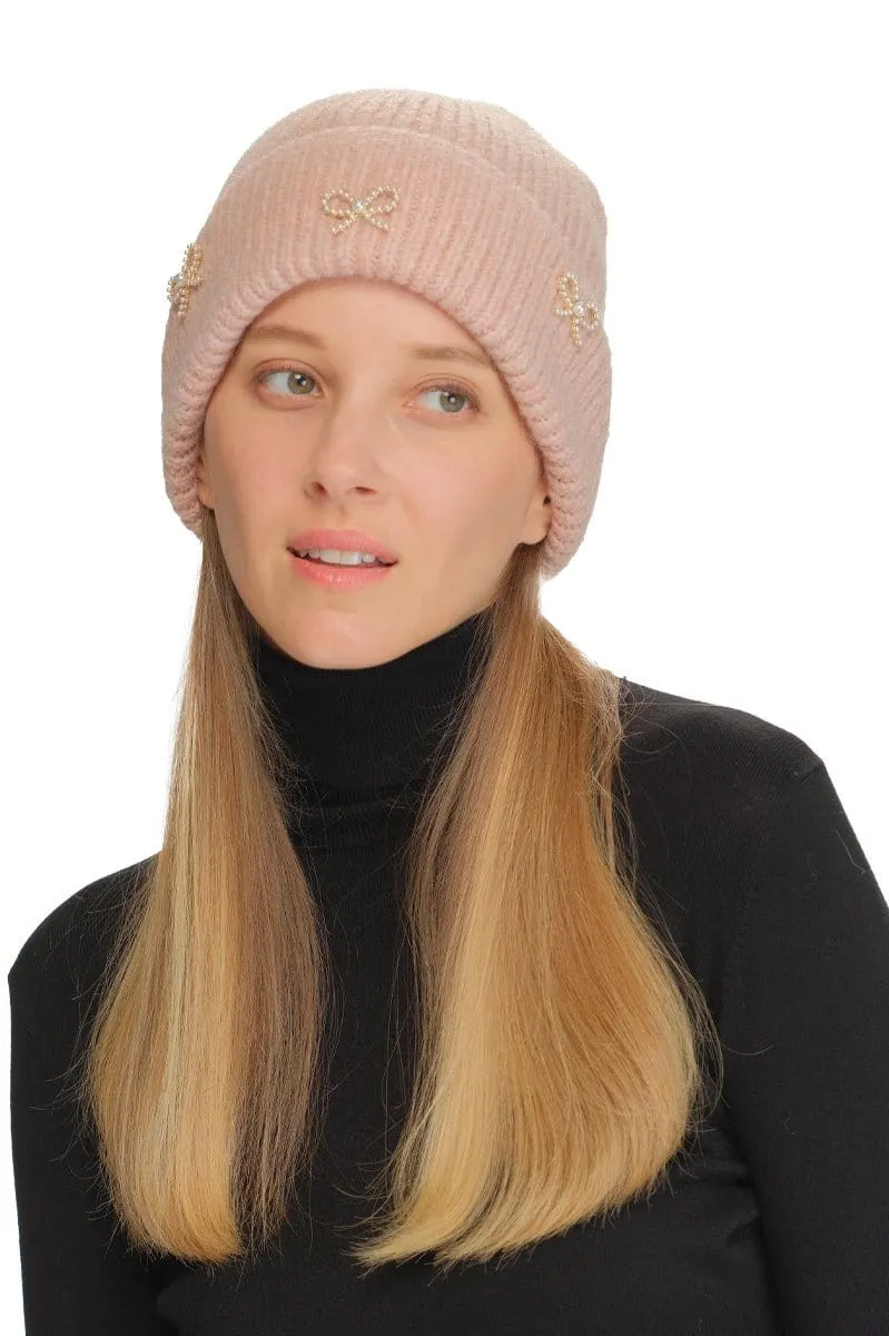 HTE0148 Pearl Bow Charm Cuff Beanie