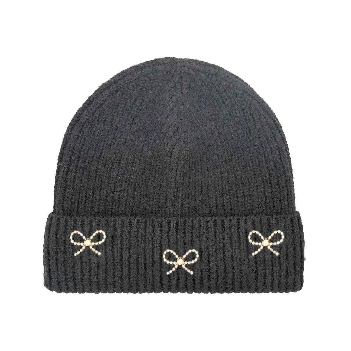 HTE0148 Pearl Bow Charm Cuff Beanie