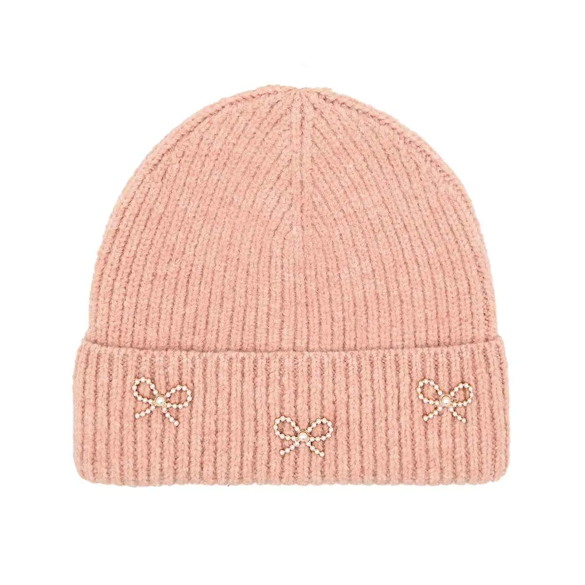 HTE0148 Pearl Bow Charm Cuff Beanie